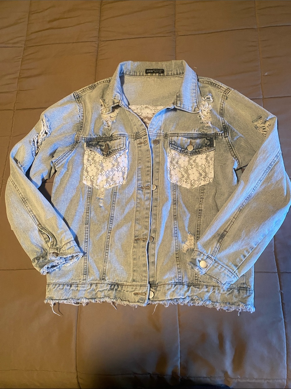 Upcycled SHEIN Light Distressed Denim Jacket with Lace Pockets and Back Inset